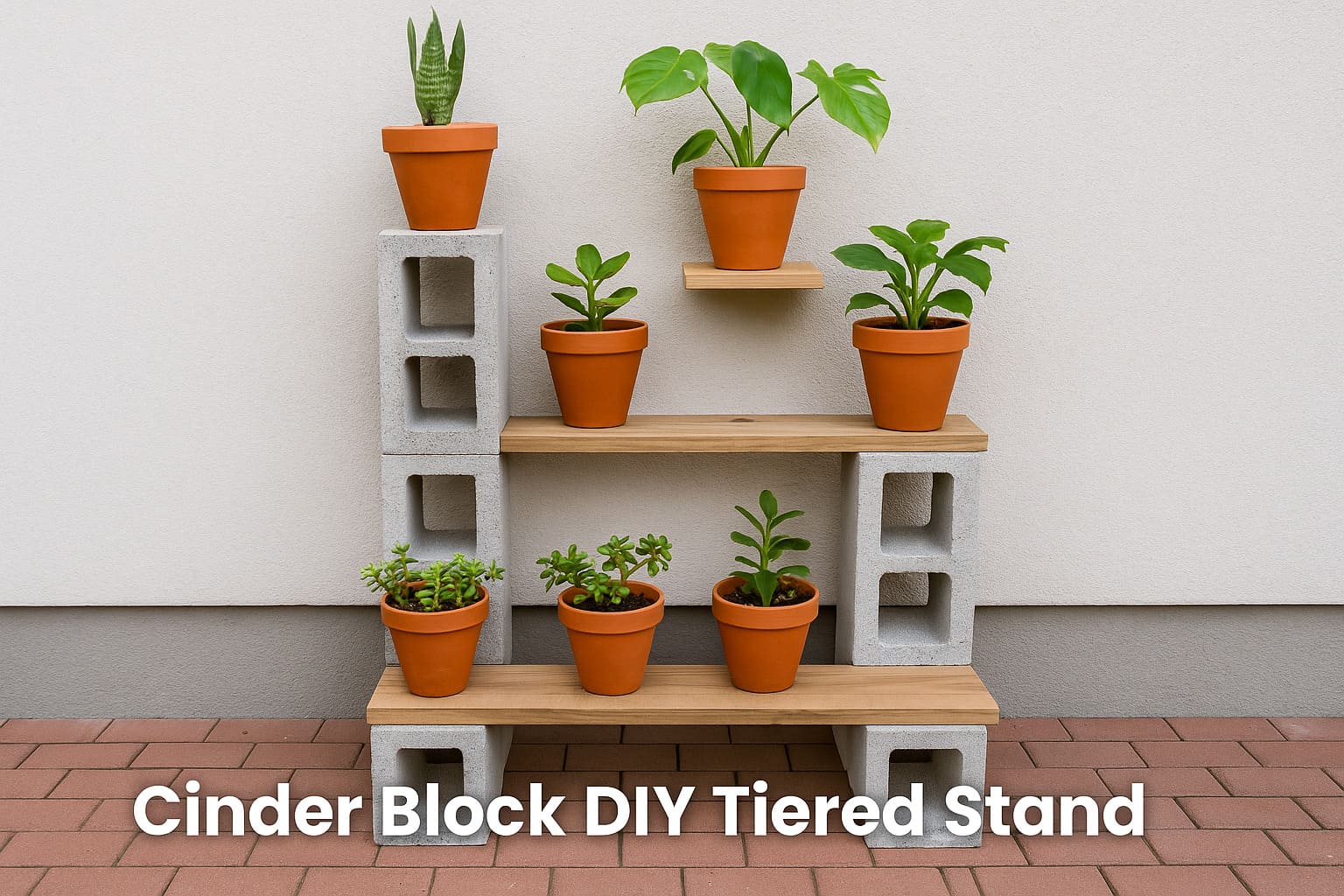 Cinder block DIY tiered plant stand with wooden planks and terracotta pots arranged outdoors – Urban Plant